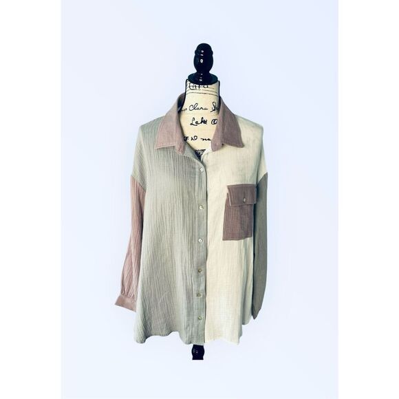 Entro Women’s XL Color Block Button Up Collared Cotton Gauzy Top Shirt Gray, Lil - Picture 1 of 9